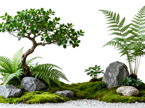  免抠植物花草 自然石景植物组合 苔藓 