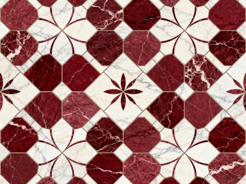  红白石材拼花 花卉几何图案水切刀拼花地砖 轻奢红白拼花大理石 