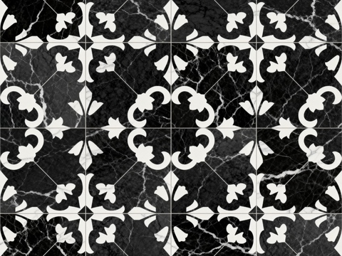  花砖 黑白石材拼花 花卉几何图案水刀石材拼花地砖 石材马赛克 