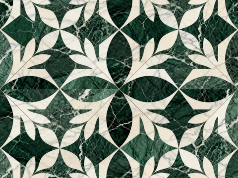 绿白色石材拼花 花卉图案水切刀拼花石材 绿色拼花石材马赛克
