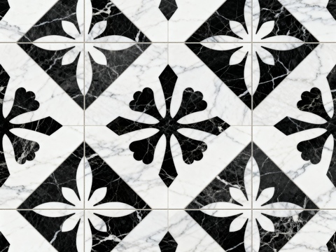  花砖 黑白石材拼花 花卉几何图案水刀石材拼花地砖 石材马赛克 