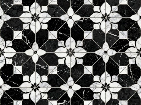  花砖 黑白石材拼花 花卉几何图案水刀石材拼花地砖 石材马赛克 