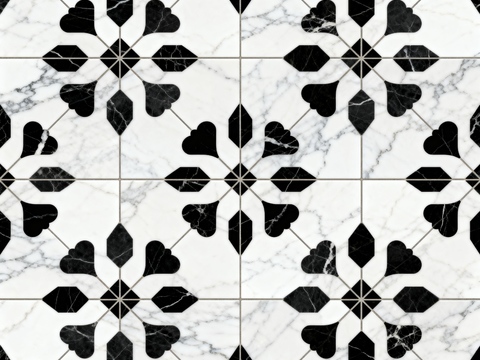 花砖 黑白石材拼花 花卉几何图案水刀石材拼花地砖 石材马赛克