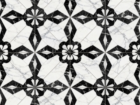  花砖 黑白石材拼花 花卉几何图案水刀石材拼花地砖 石材马赛克 