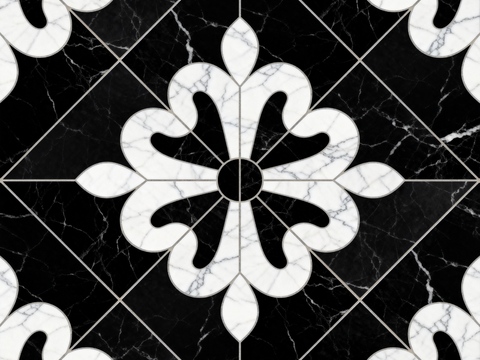  花砖 黑白石材拼花 花卉几何图案水刀石材拼花地砖 石材马赛克 