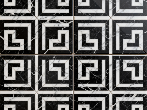 花砖 黑白石材拼花 花卉几何图案水刀石材拼花地砖 石材马赛克