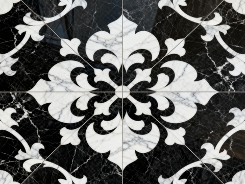 花砖 黑白石材拼花 花卉几何图案水刀石材拼花地砖 石材马赛克