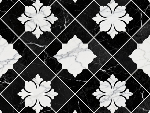 花砖 黑白石材拼花 花卉几何图案水刀石材拼花地砖 石材马赛克