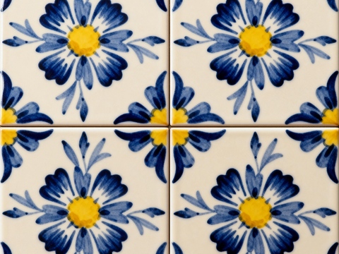  田园风 蓝黄米白色花砖 蓝黄手绘艺术花砖 工艺砖 