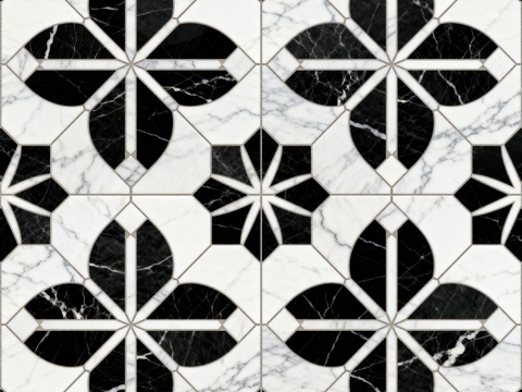  花砖 黑白石材拼花 花卉几何图案水刀石材拼花地砖 石材马赛克 