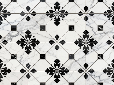 花砖 黑白石材拼花 花卉几何图案水刀石材拼花地砖 石材马赛克 