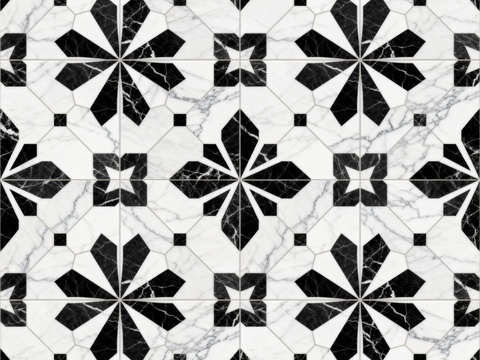  花砖 黑白石材拼花 花卉几何图案水刀石材拼花地砖 石材马赛克 