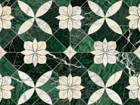 绿白色石材拼花 花卉图案水切刀拼花石材 绿色石材拼花马赛克