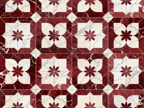  红白石材拼花 花卉几何图案水切刀拼花地砖 轻奢红白拼花大理石 