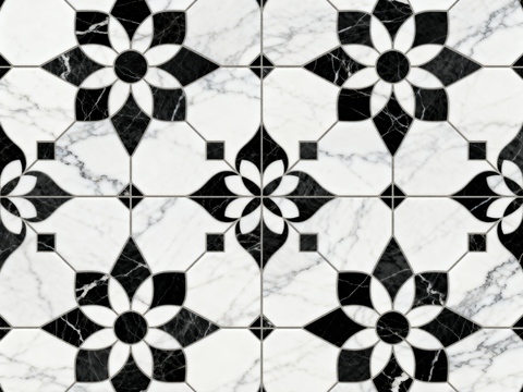  花砖 黑白石材拼花 花卉几何图案水刀石材拼花地砖 石材马赛克 
