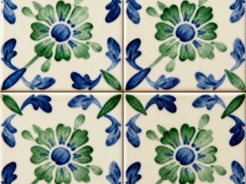  蓝绿色花砖 绿色手绘艺术花砖 工艺砖 花纹图案花砖 