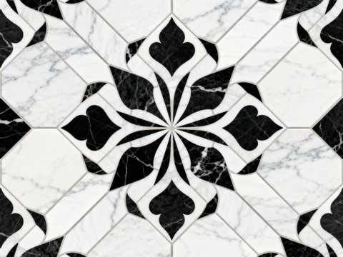  花砖 黑白石材拼花 花卉几何图案水刀石材拼花地砖 石材马赛克 