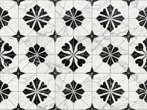 花砖 黑白石材拼花 花卉几何图案水刀石材拼花地砖 石材马赛克