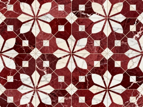  红白石材拼花 花卉几何图案水切刀拼花地砖 轻奢红白拼花大理石 