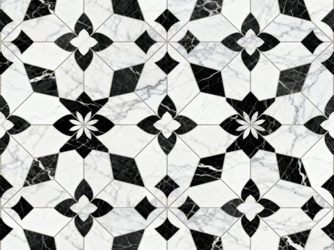 花砖 黑白石材拼花 花卉几何图案水刀石材拼花地砖 石材马赛克 