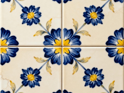  田园风 蓝黄米白色花砖 蓝黄手绘艺术花砖 工艺砖 
