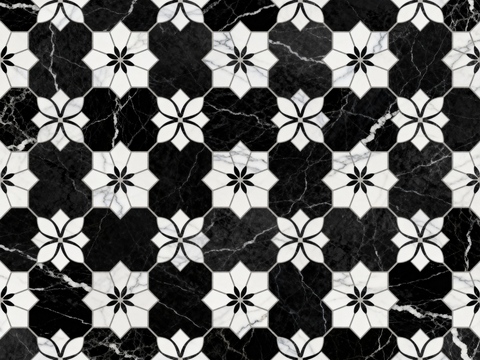  花砖 黑白石材拼花 花卉几何图案水刀石材拼花地砖 石材马赛克 