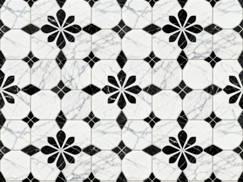  花砖 黑白石材拼花 花卉几何图案水刀石材拼花地砖 石材马赛克 