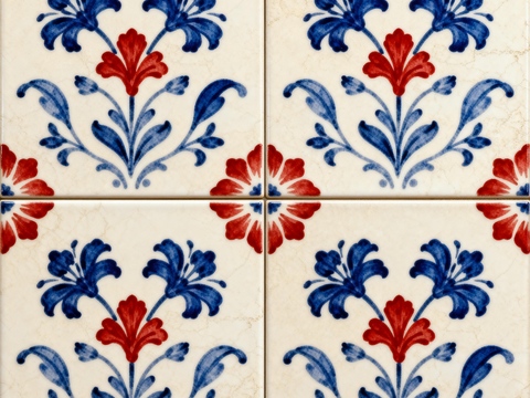诧寂风工业风蓝红白色花砖 花卉图案手工瓷砖