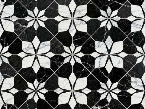  花砖 黑白石材拼花 花卉几何图案水刀石材拼花地砖 石材马赛克 