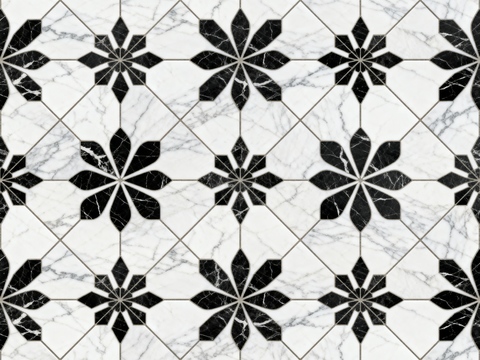  花砖 黑白石材拼花 花卉几何图案水刀石材拼花地砖 石材马赛克 