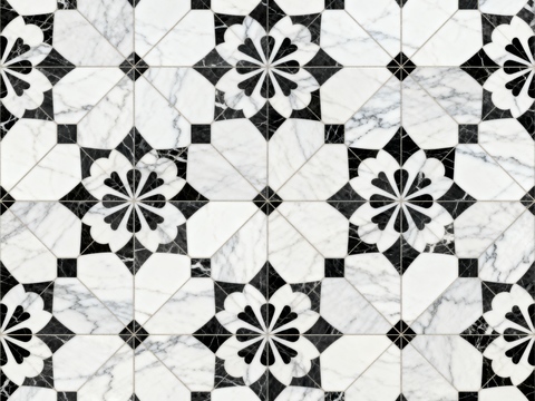  花砖 黑白石材拼花 花卉几何图案水刀石材拼花地砖 石材马赛克 