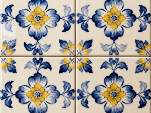  田园风 蓝黄米白色花砖 蓝黄手绘艺术花砖 工艺砖 