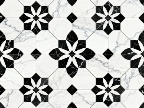  花砖 黑白石材拼花 花卉几何图案水刀石材拼花地砖 石材马赛克 