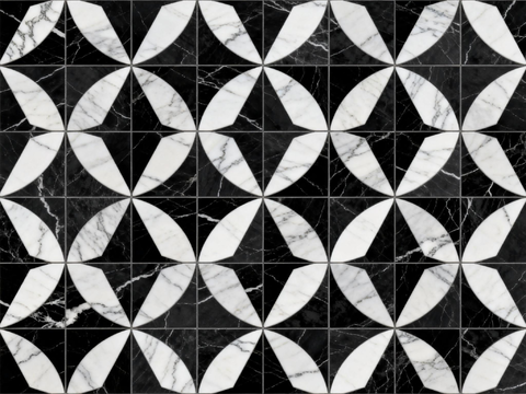 现代花砖 黑白石材拼花 花卉几何图案水刀石材拼花 石材马赛克