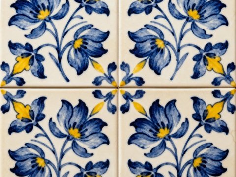 田园风 蓝黄米白色花砖 蓝黄手绘艺术花砖 工艺砖