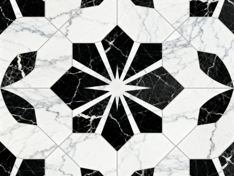现代花砖 黑白石材拼花 花卉几何图案水刀石材拼花 石材马赛克