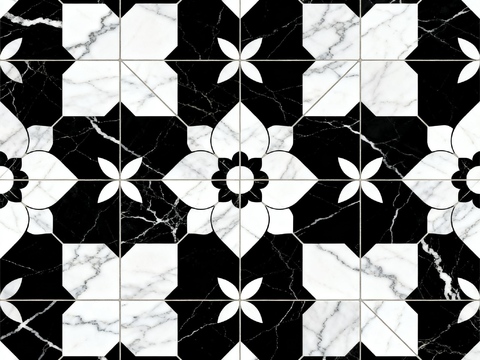 现代花砖 黑白石材拼花 花卉几何图案水刀石材拼花 石材马赛克