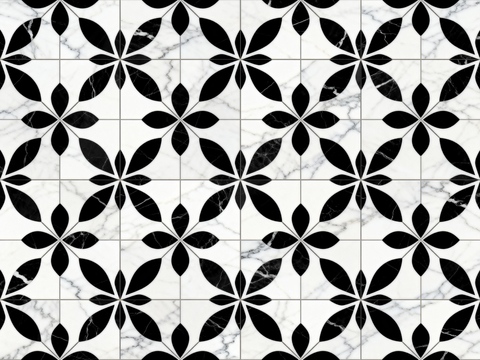  花砖 黑白石材拼花 花卉几何图案水刀石材拼花地砖 石材马赛克 