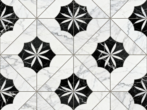  现代花砖 黑白石材拼花 花卉几何图案水刀石材拼花 石材马赛克 