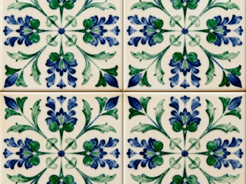 田园风 蓝绿色花砖 绿色手绘艺术花砖 工艺砖 花纹图案花砖