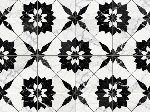 现代花砖 黑白石材拼花 花卉几何图案水刀石材拼花 石材马赛克