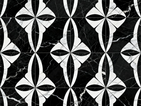  花砖 黑白石材拼花 花卉几何图案水刀石材拼花地砖 石材马赛克 