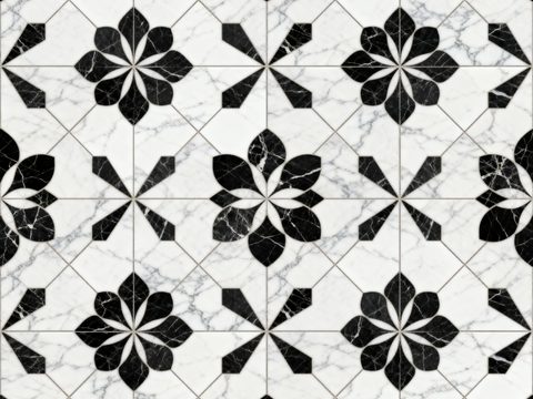  花砖 黑白石材拼花 花卉几何图案水刀石材拼花地砖 石材马赛克 