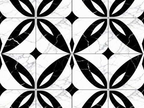 现代花砖 黑白石材拼花 花卉几何图案水刀石材拼花 石材马赛克