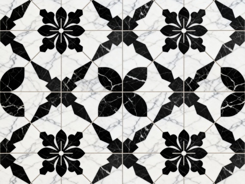 现代花砖 黑白石材拼花 花卉几何图案水刀石材拼花 石材马赛克