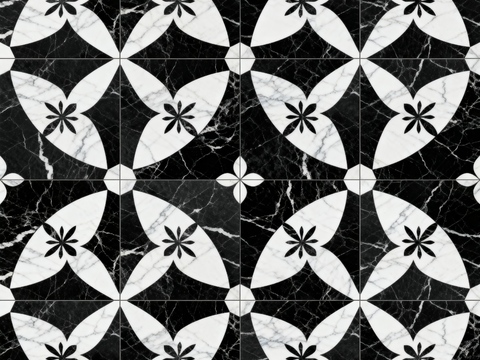 现代花砖 黑白石材拼花 花卉几何图案水刀石材拼花 石材马赛克