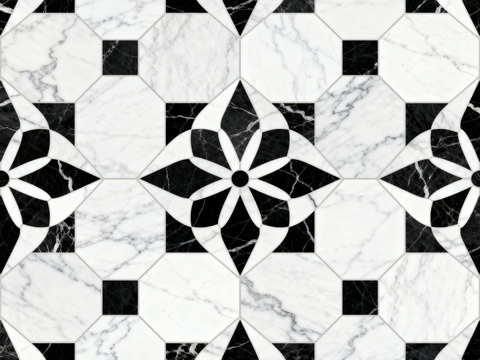 现代花砖 黑白石材拼花 花卉几何图案水刀石材拼花 石材马赛克 