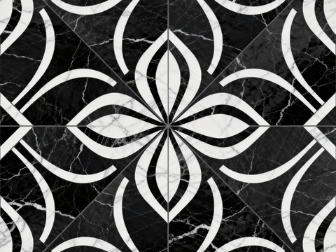  花砖 黑白石材拼花 花卉几何图案水刀石材拼花地砖 石材马赛克 