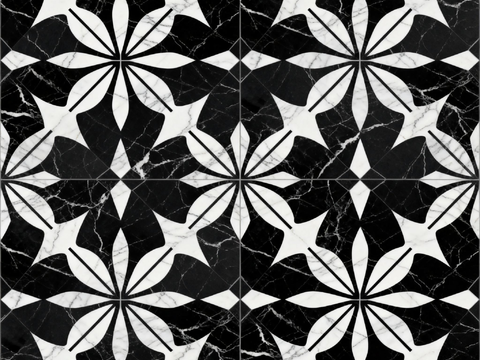 现代花砖 黑白石材拼花 花卉几何图案水刀石材拼花 石材马赛克