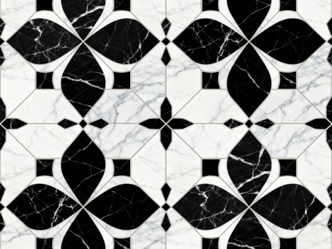 现代花砖 黑白石材拼花 花卉几何图案水刀石材拼花 石材马赛克